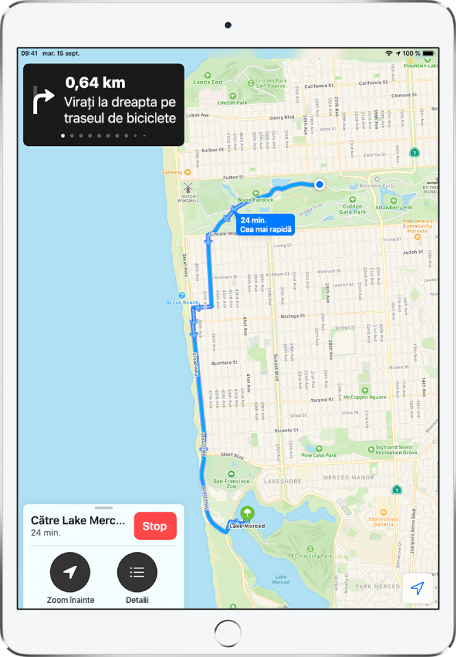 O hartă rezumat afișând itinerarul pentru bicicletă între două parcuri din San Francisco.