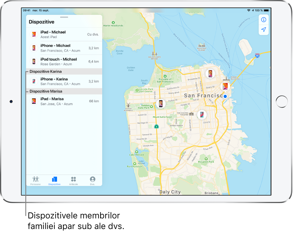 Aplicația Găsire deschisă în fila Dispozitive. Dispozitivele lui Michael se află în partea de sus a listei. Dedesubt se află iPhone-ul Karinei și iPad-ul Marisei. Localizările lor sunt afișate pe o hartă a orașului San Francisco.