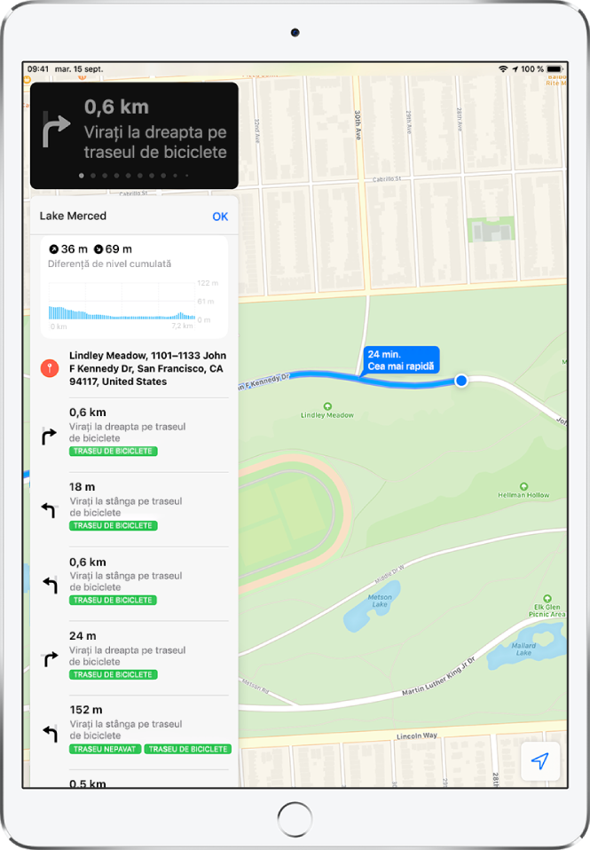 O hartă afișând o parte a unei rute de bicicletă. În partea stângă se află o listă cu indicații de viraje pentru rută.