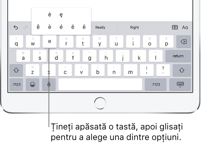 Ecran prezentând caractere alternative cu accent pentru tasta e.