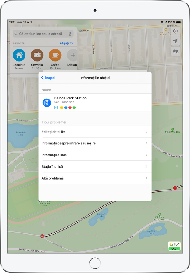 Un raport parțial despre informațiile incorecte ale unei stații de transport. Tipurile de probleme disponibile pentru a fi raportate sunt Editați detaliile locului, Informații despre intrare sau ieșire, Informații linie, Stație închisă și Altă problemă.