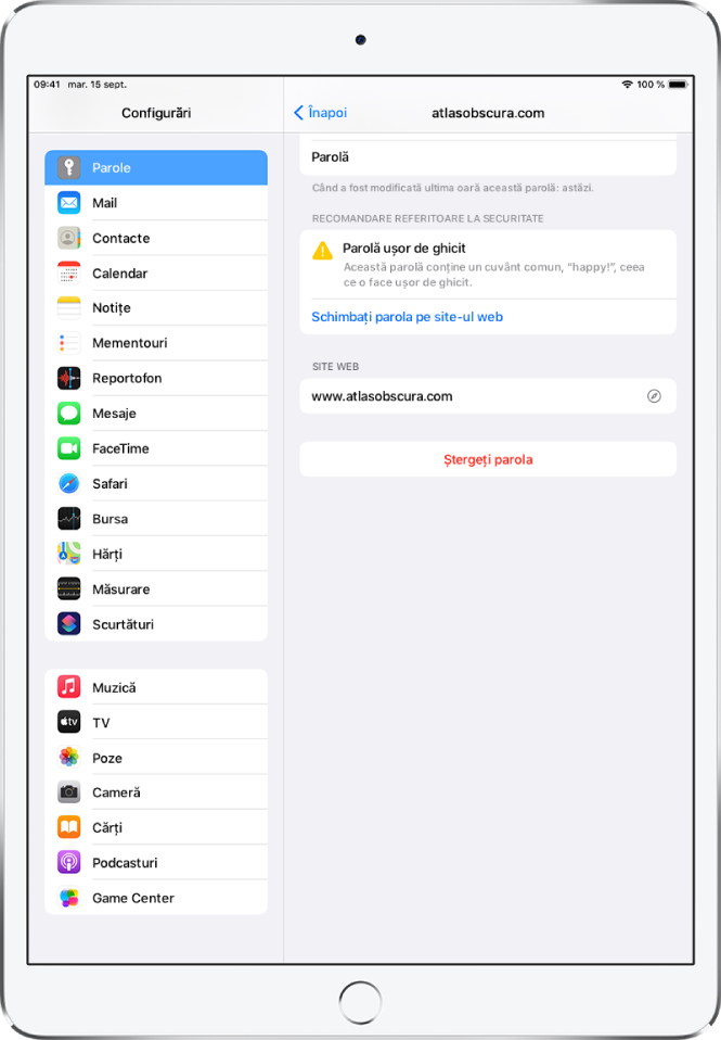 Ecranul unui cont în configurările Parole. O recomandare de securitate cu textul “Parolă ușor de ghicit. Această parolă conține un cuvânt comun, “happy!”, ceea ce o face ușor de ghicit.” Butonul “Schimbați parola pe site-ul web” apare sub recomandarea de securitate.