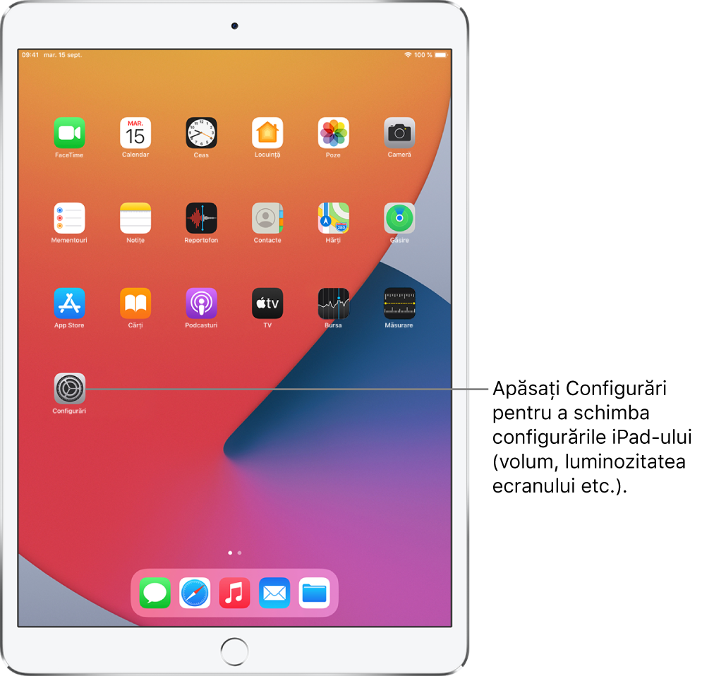 Ecranul principal al iPad-ului, cu mai multe pictograme de aplicații, inclusiv pictograma aplicației Configurări, pe care o puteți apăsa pentru a modifica volumul sunetelor de pe iPad, luminozitatea ecranului etc.