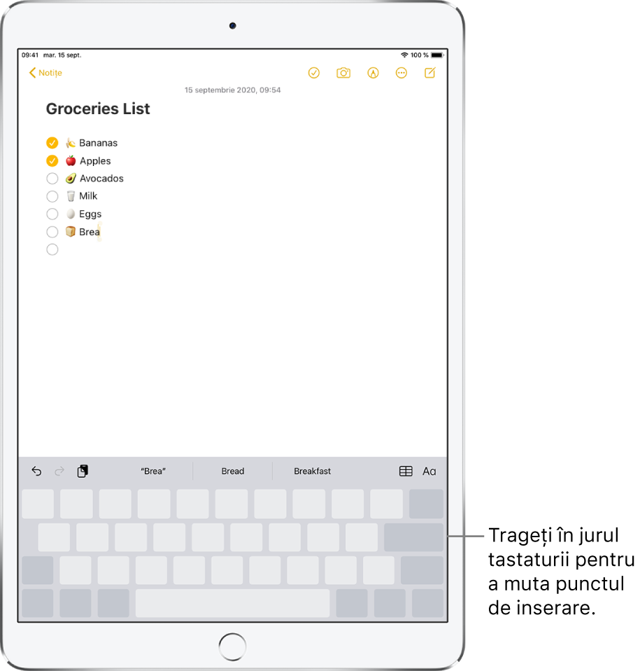 O notiță în curs de editare după ce tastatura a fost transformată într-un trackpad. Tastatura este estompată, indicând că acum funcționează ca trackpad.