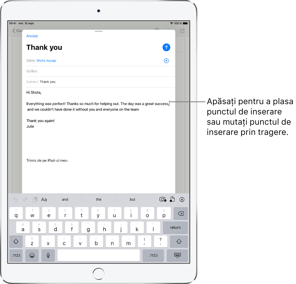 Ciorna unui e-mail afișând punctul de inserare poziționat în locul unde va fi inserat textul.