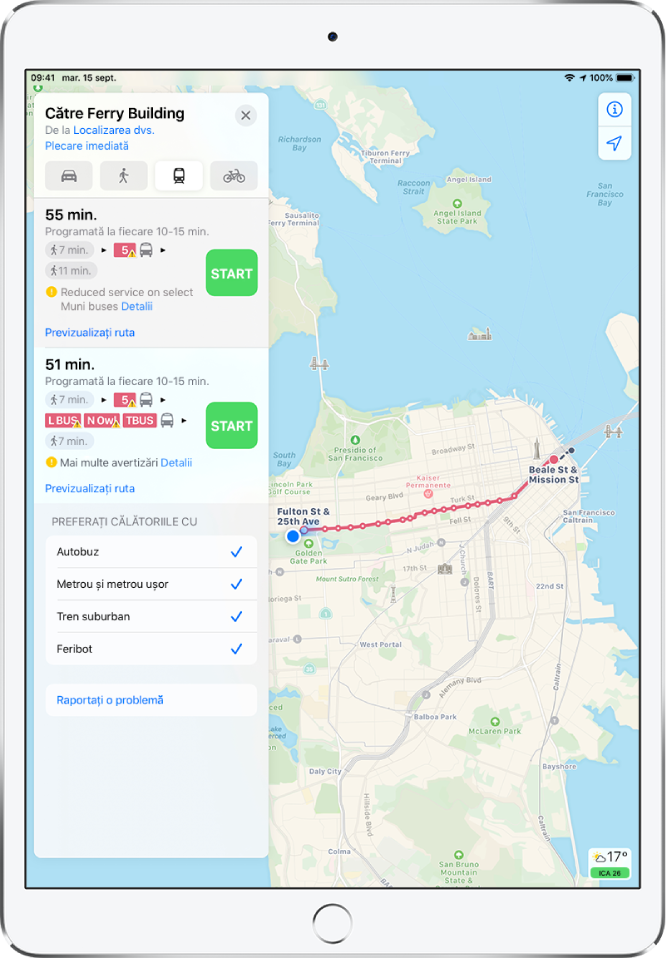Hartă afișând o rută de transport în San Francisco. O fișa rutelor de pe partea stângă afișează butoane Start pentru două opțiuni ale rutei.