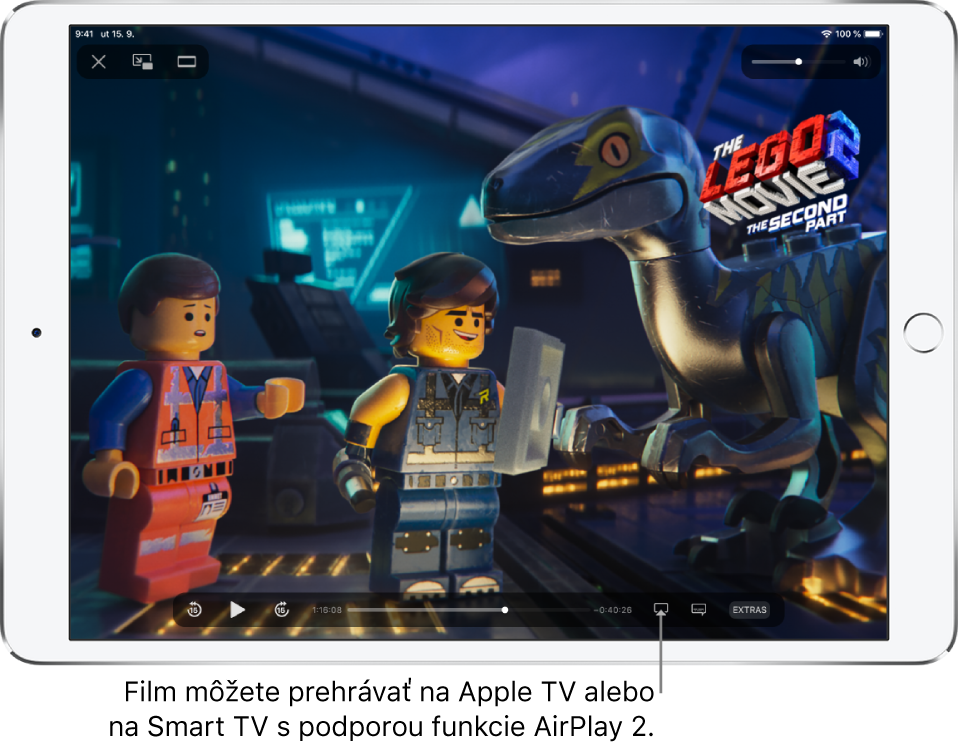 Na obrazovke iPadu sa prehráva film. V dolnej časti obrazovky sa zobrazujú ovládacie prvky prehrávania vrátane tlačidla Zrkadlenie obrazovky vpravo dole.