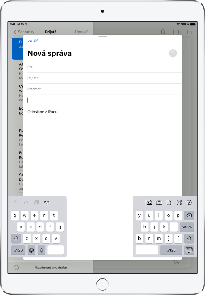 Písanie novej emailovej správy na rozdelenej klávesnici, odpojenej od dolného okraja obrazovky iPadu.