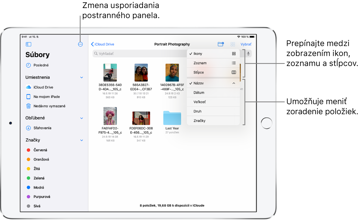 Umiestnenie iCloudu Drive zobrazujúce tlačidlá na preusporiadanie postranného panela, ako aj na zoradenie podľa názvu, dátumu, veľkosti, značiek a na zmenu zobrazenia medzi zoznamom a ikonami.