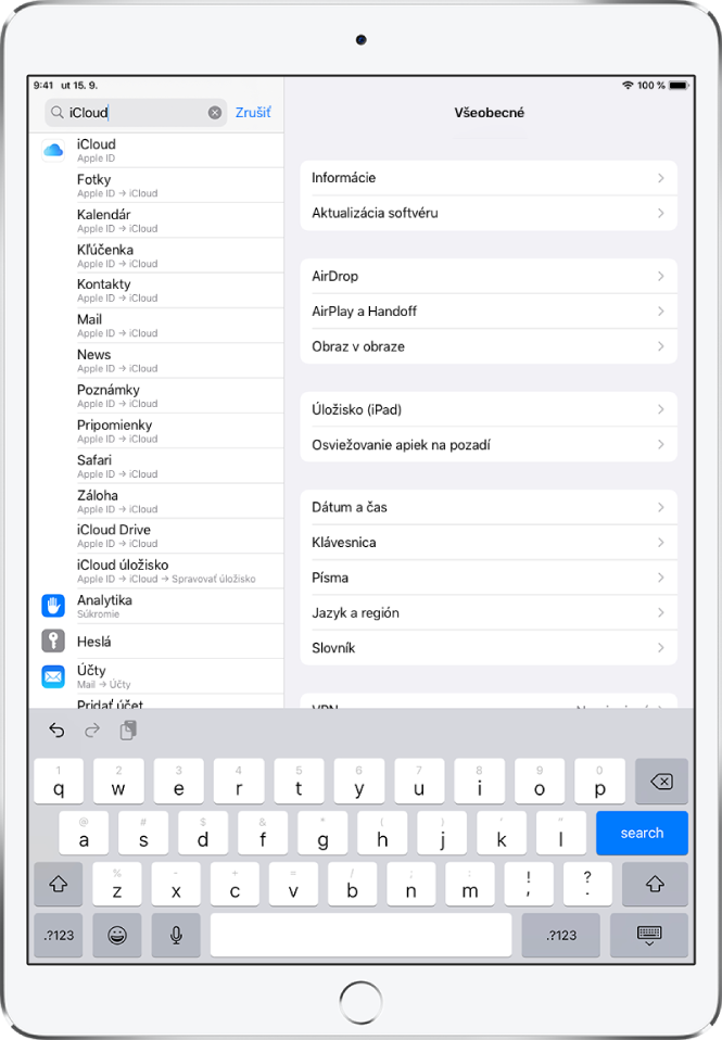 Obrazovka vyhľadávania nastavení s vyhľadávacím poľom v hornej časti. Vo vyhľadávacom poli je výraz na vyhľadanie „iCloud“ a v zozname pod ním sú nájdené nastavenia.