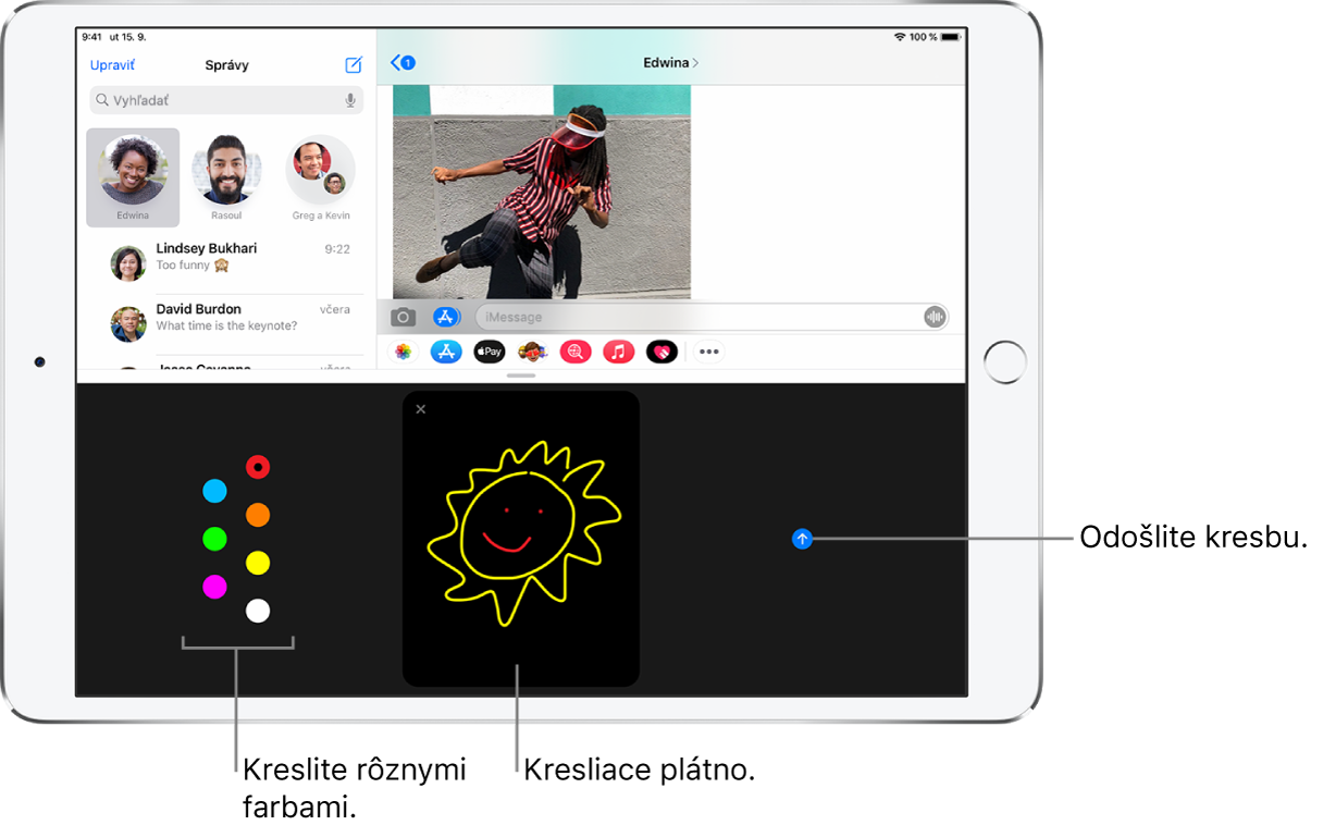 Obrazovka apky Správy s obrazovkou Digital Touch v dolnej časti. Vľavo sa nachádzajú farebné možnosti, uprostred kresliace plátno a vpravo tlačidlo Odoslať.