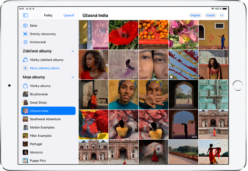 Otvorený postranný panel apky Fotky na ľavej strane obrazovky. Pod nadpisom Moje albumy je vybraný album s názvom Úžasná India. Zvyšok obrazovky iPadu vypĺňajú fotky a videá z albumu Úžasná India, ktoré sú zobrazené na dlaždiciach.