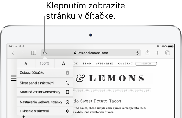 Panel s nástrojmi Safari s tlačidlom Čítačka na ľavom okraji poľa adresy.