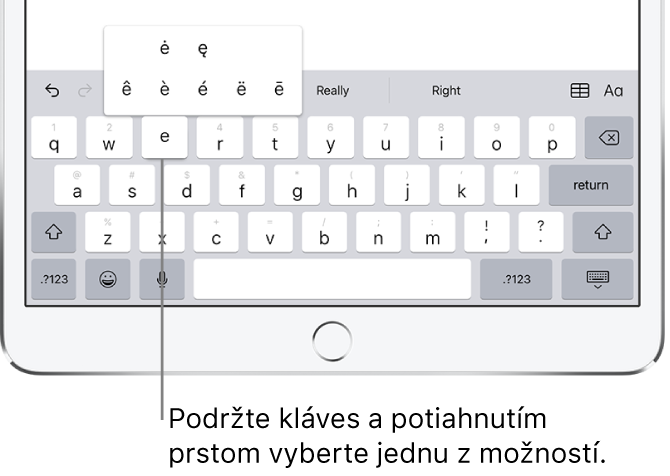 Obrazovka, na ktorej sú zobrazené alternatívne znaky s diakritikou pre kláves „e“.