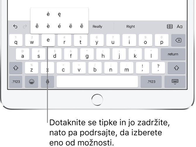 Zaslon s prikazom alternativnih naglasnih znakov za tipko e.