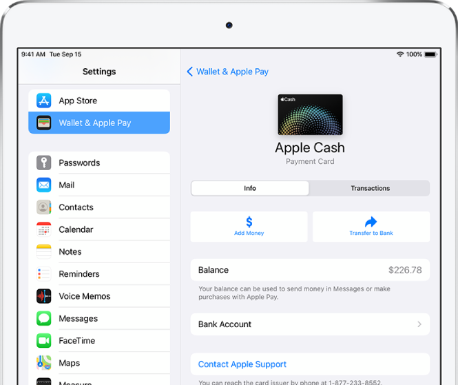 Zaslon s podrobnostmi kartice Apple Cash, ki prikazuje stanje zgoraj desno.