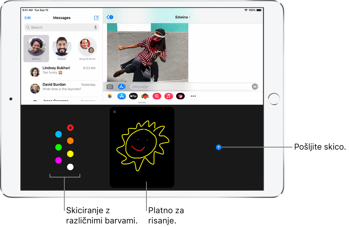 Okno Messages z zaslonom Digital Touch na dnu. Barvne izbire so na levi, platno za risanje je v sredini, gumb Send pa je na desni strani.