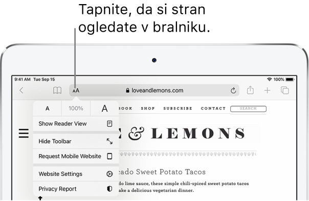 Orodna vrstica Safari z gumbom Reader na levi strani polja za naslov.