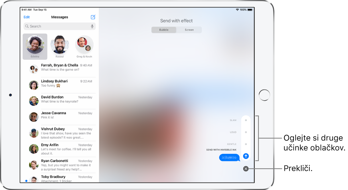 Predogled sporočila z učinkom nevidnega črnila. V spodnjem desnem kotu tapnite kontrolnik za predogled drugih učinkov oblačka. Znova tapnite isti kontrolnik, da pošljete učinek, ali tapnite gumb Cancel spodaj, da se vrnete v sporočilo.