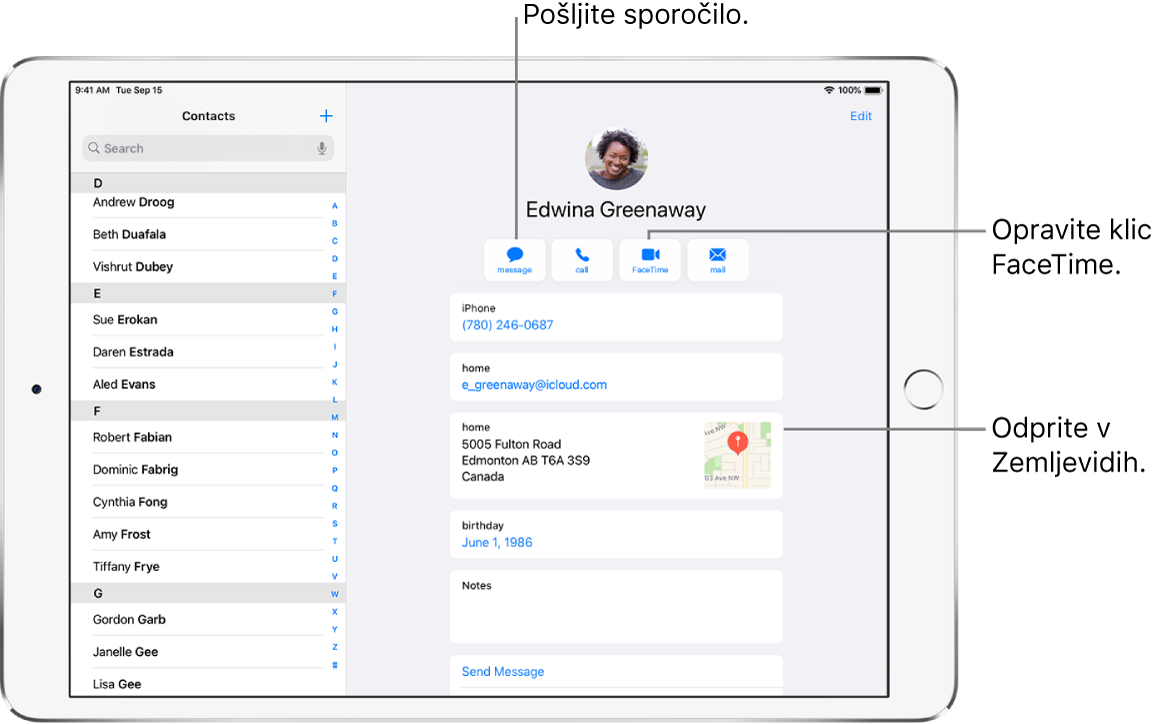 Zaslon »Contacts« s seznamom stikov na levi strani in izbrano kartico stika na desni strani. Pod fotografijo in imenom stika so gumbi, s katerimi pošljete sporočilo, opravite telefonski klic, opravite klic FaceTime, pošljete e-poštno sporočilo in pošljete denar s storitvijo Apple Pay. Pod gumbi so kontaktne informacije.