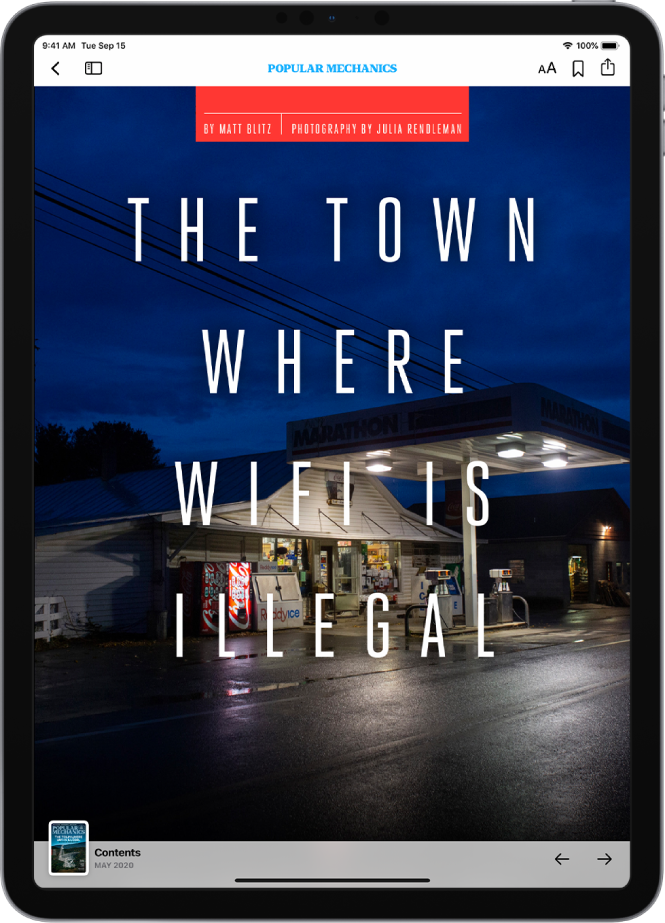 Zaslon, ki prikazuje zgodbo revije. V zgornjem levem kotu sta gumba Previous in Sidebar. Zgoraj desno so prikazani gumbi »Text Size«, »Save« in »Share«. Na sredini zgoraj je prikazano tudi ime publikacije. Pod gumbi sta prikazana naslov in slika. V spodnjem levem delu zaslona na levi so gumb Contents (označuje ga sličica naslovnice revije), v spodnjem desnem pa sta gumba Previous in Next.