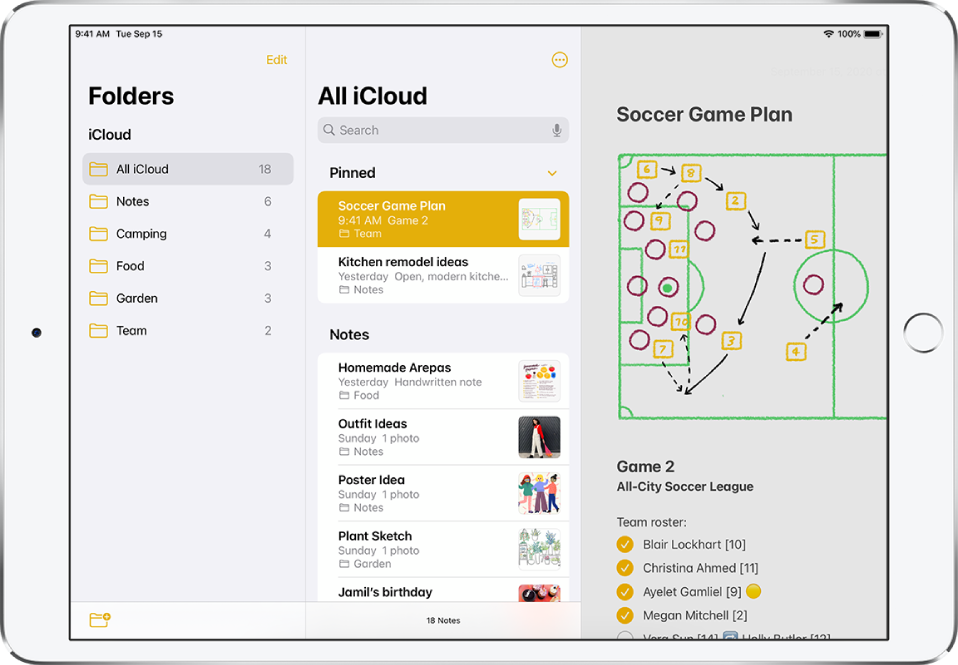 Seznam beležk z iskalnim poljem na sredini zgoraj.