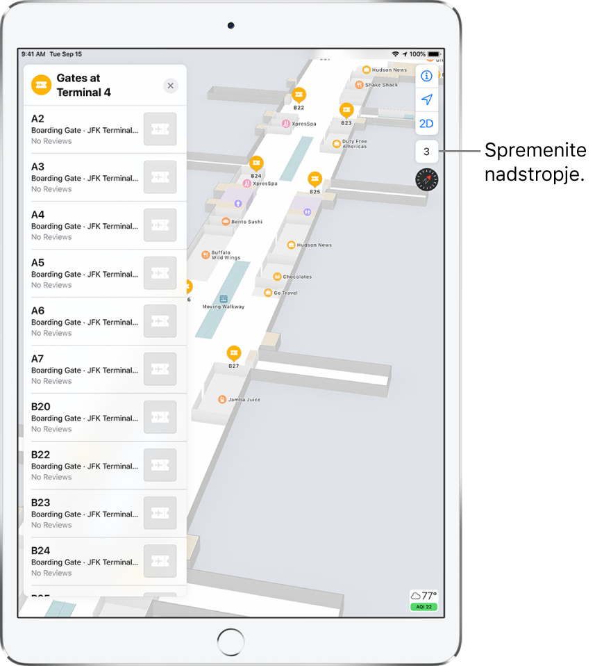 Notranji zemljevid letališkega terminala. Zemljevid prikazuje prodajalne in izhode. na levi strani zaslona kartica identificira vrata pri terminalu 4.