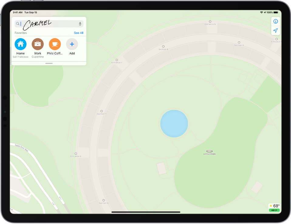 Zemljevid z iskalnim poljem zgoraj levo. V iskalnem polju se prikažejo rokopisni znaki za besedo CARMEL.