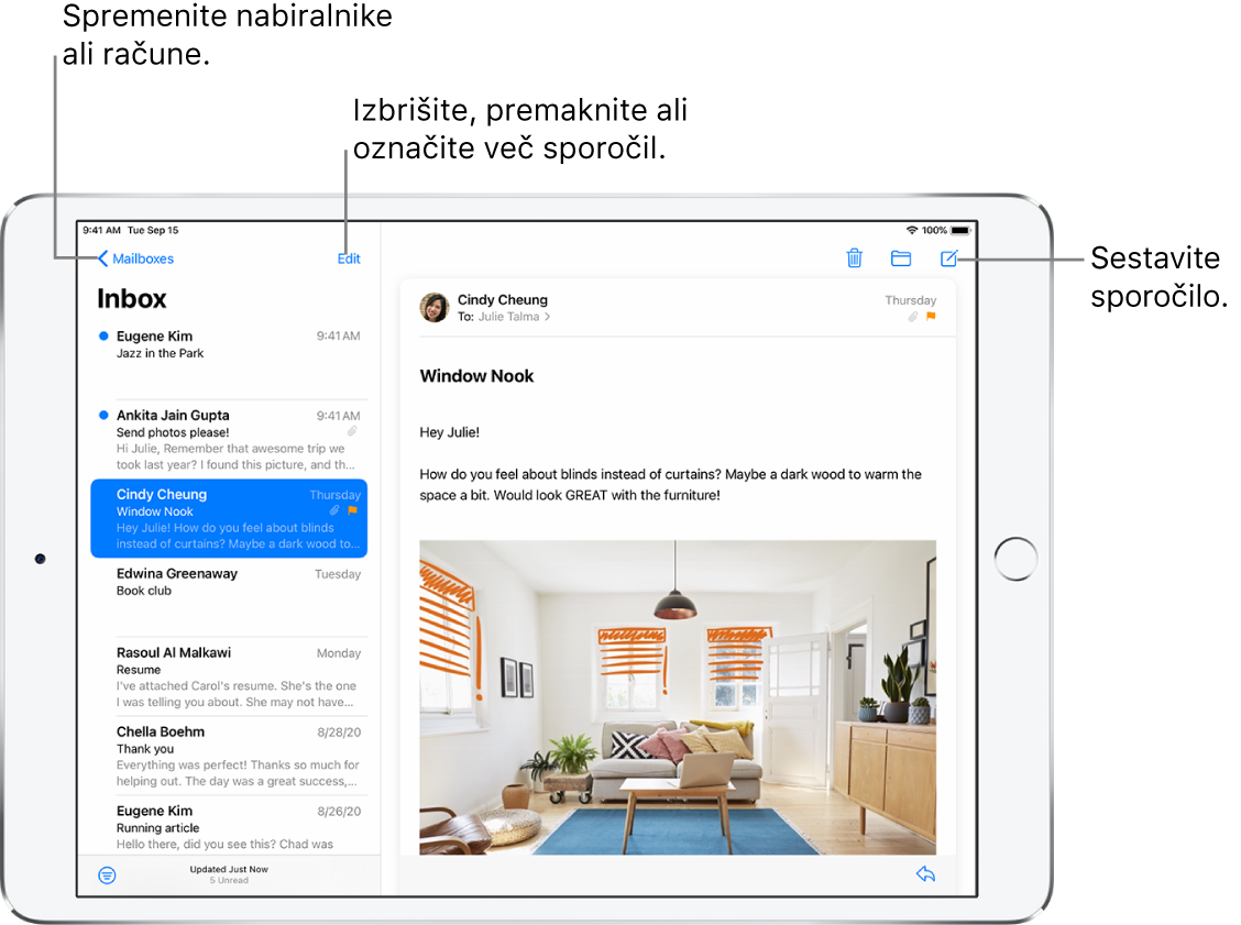 Nabiralnik v aplikaciji Mail s seznamom e-poštnih sporočil na levi strani in odprtim nizom e-poštnih sporočil na desni strani. Gumb Mailboxes za preklapljanje med nabiralniki je v zgornjem levem kotu. Gumb za filtriranje e-poštnih sporočil, ki omogoča prikaz le določenih vrst e-poštnih sporočil, je v spodnjem levem kotu. Gumb za ustvarjanje novega e-poštnega sporočila je v zgornjem desnem kotu.