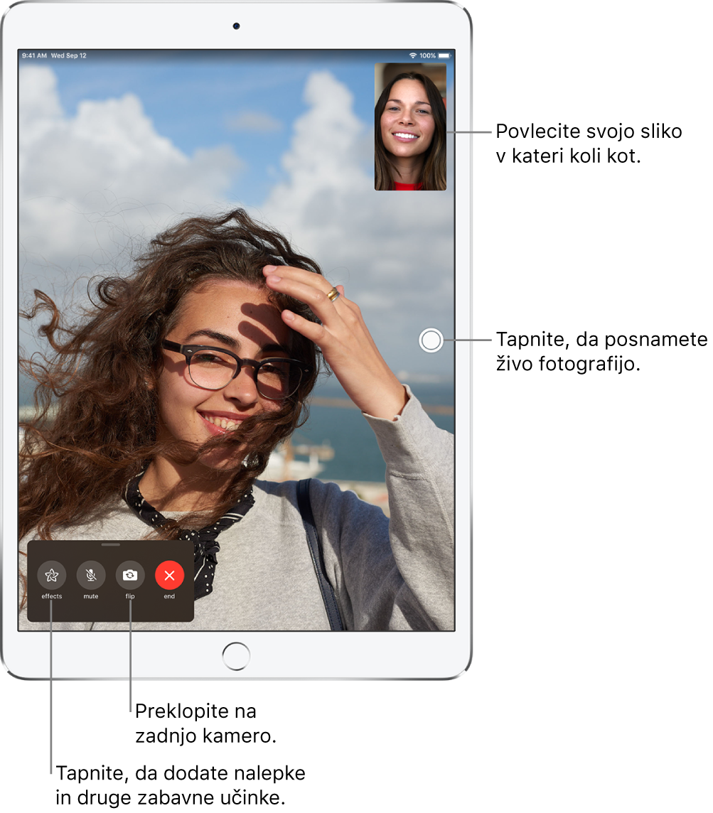 Zaslon FaceTime, ki prikazuje trenutni klic. Vaša slika se prikaže v majhnem pravokotniku zgoraj desno, slika druge osebe pa je prikazana na preostalem zaslonu. Na dnu zaslona so gumbi Effects, Mute, Flip in End.
