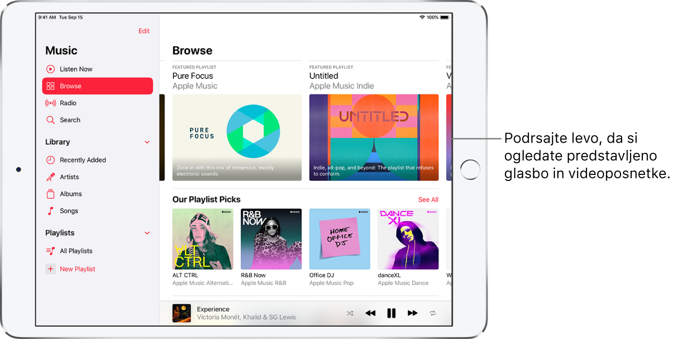 Zaslon Listen Now s prikazom stranske vrstice na levi in razdelku Browse na desni. Zaslon Browse na vrhu prikazuje izpostavljeno glasbo. Podrsajte levo, da si ogledate izpostavljeno glasbo in videoposnetke. Spodaj se prikaže razdelek Our Playlist Picks, v katerem so štiri postaje Apple Music. Gumb See All je prikazan na desni strani razdelka Our Playlist Picks.