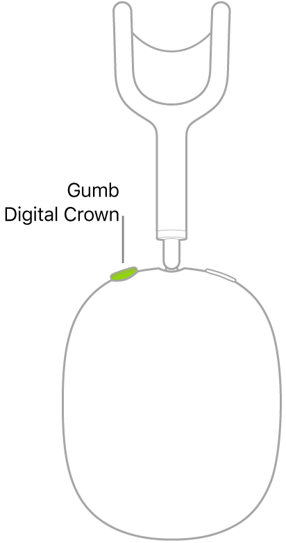 Slika prikazuje lokacijo gumba Digital Crown na desni slušalki Airpod Max.