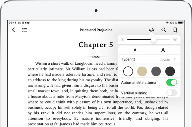 Utseendemenyn i en bok är vald och visar uppifrån och ned reglage för ljusstyrka, typsnittsstorlek, typsnittsstil, sidfärg, automatiskt nattema och rullningsvy.