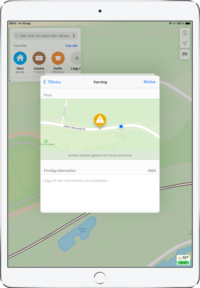 En rapport om fara på vägen med knappen Skicka högst upp till höger.