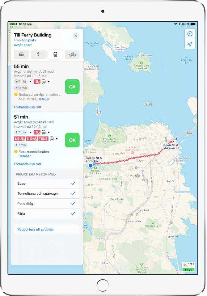 En karta som visar en kollektivtrafikrutt genom San Francisco. På ett ruttkort till vänster finns knappen OK vid två av ruttalternativen.