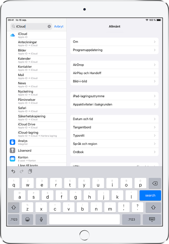 Skärmen med sökinställningar och sökfältet överst. Söksträngen ”iCloud” står i sökfältet och de hittade inställningarna finns i listan nedanför.