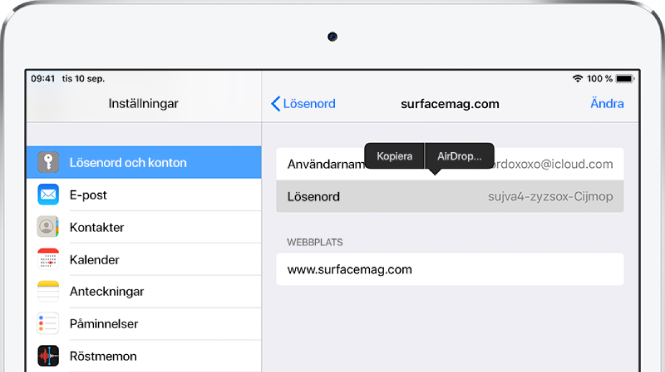 Lösenordsskärmen för en webbplats. Avsnittet för lösenord är markerat och en meny med objekten Kopiera och AirDrop visas ovanför.