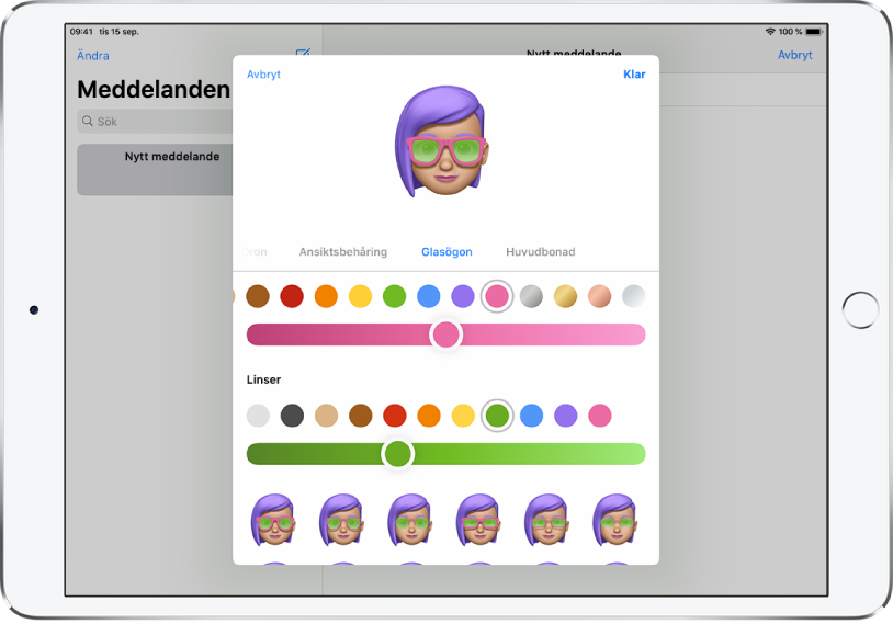Skärmen för att skapa en Memoji i appen Meddelanden, där du kan välja glasögon med mera.