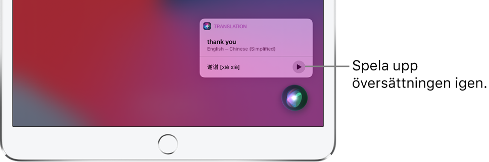 Siri visar en översättning av den engelska frasen thank you på mandarin. Till höger om översättningen finns en knapp som du kan trycka på om du vill höra översättningen igen.