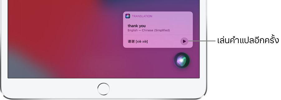 Siri จะแสดงคำแปลของวลีภาษาอังกฤษ “ขอบคุณ” เป็นภาษาจีนกลาง ปุ่มที่อยู่ทางด้านขวาของคำแปลจะเล่นเสียงคำแปลอีกครั้ง