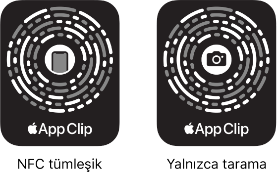 Sol tarafta, ortada bir iPhone simgesiyle NFC tümleşik bir uygulama parçacığı kodu. Sağ tarafta, ortada bir kamera simgesiyle yalnızca tarama için bir uygulama parçacığı kodu.