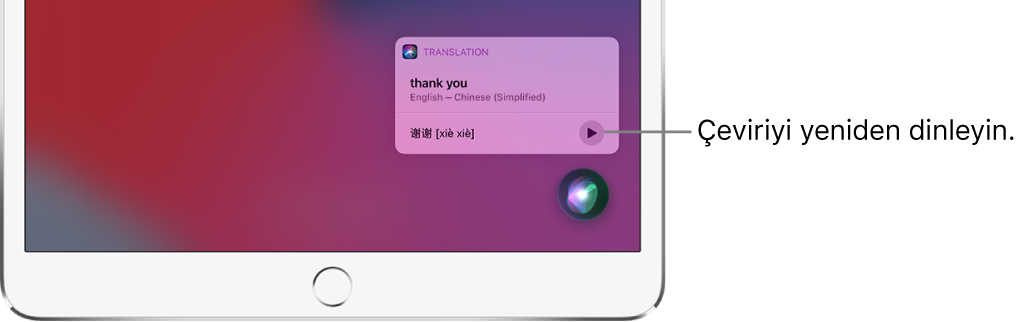 Siri, İngilizce “thank you” ifadesinin Mandarin çevirisini görüntülüyor. Çevirinin sağ tarafındaki bir düğme çeviriyi yeniden seslendirir.