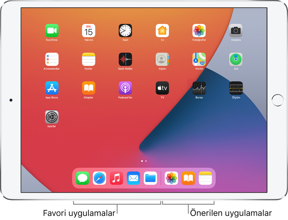 Sol tarafta beş favori uygulamayı, sağ tarafta ise üç önerilen uygulamayı gösteren Dock.