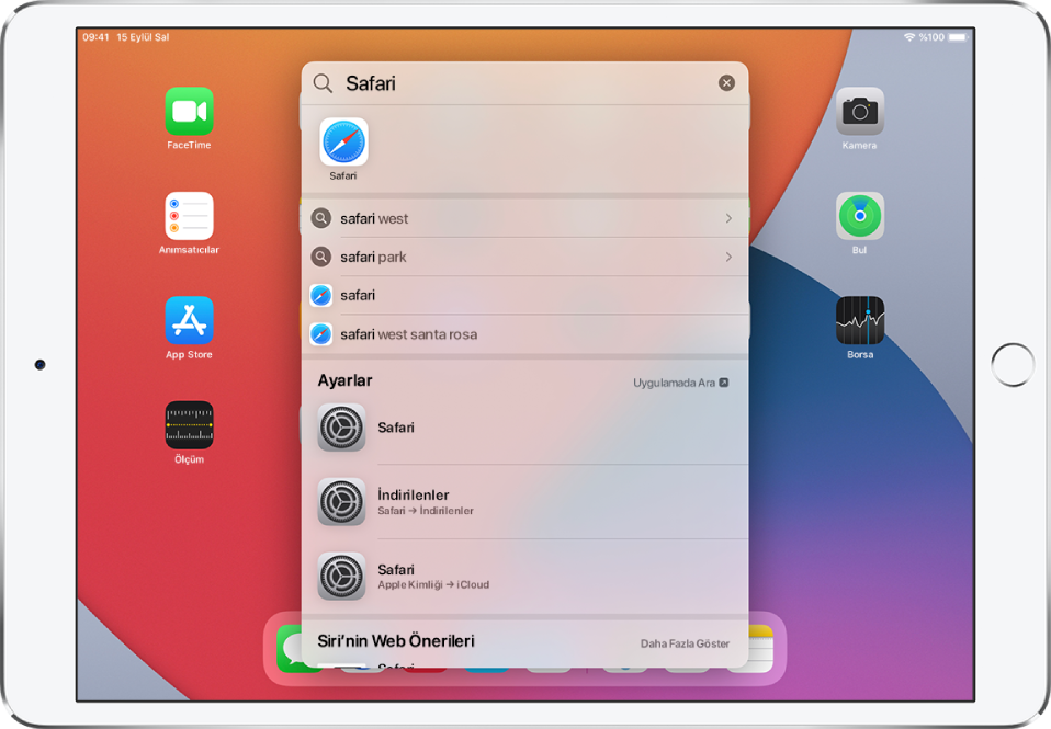 Bir arama sorgusunu gösteren iPad ana ekranı. En üstte “Safari” arama metnini içeren arama alanı ve onun altında arama metni için bulunan arama sonuçları var.