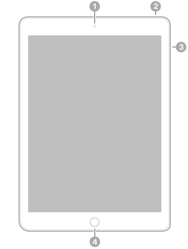 Вигляд iPad Air 2 спереду з виносками на передню камеру вгорі по центру, верхню кнопку вгорі справа, кнопки гучності справа та кнопку «Початок»/Touch ID внизу по центру.