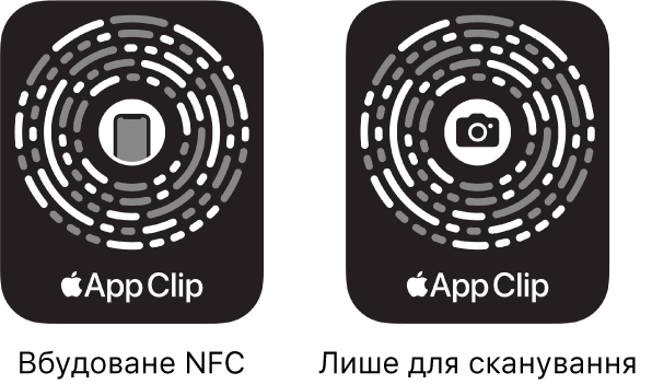 Ліворуч відображено NFC-інтегрований код фрагмента програми з іконкою iPhone у центрі. Праворуч відображено код фрагмента програми тільки для сканування з іконкою камери в центрі.