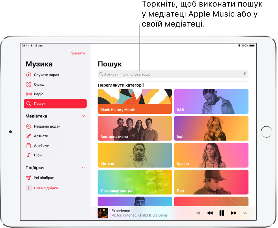 Екран «Пошук» із бічною панеллю зліва та полем пошуку вгорі справа. Розділ «Огляд категорій» нижче містить кілька категорій.