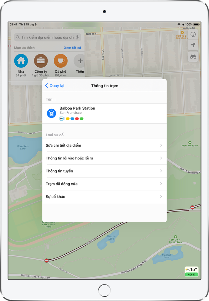 Một phần báo cáo về thông tin không đúng cho một trạm phương tiện công cộng. Loại sự cố có sẵn để báo cáo là Sửa chi tiết địa điểm, Thông tin lối vào hoặc lối ra, Thông tin tuyến, Trạm đã đóng cửa và Sự cố khác.