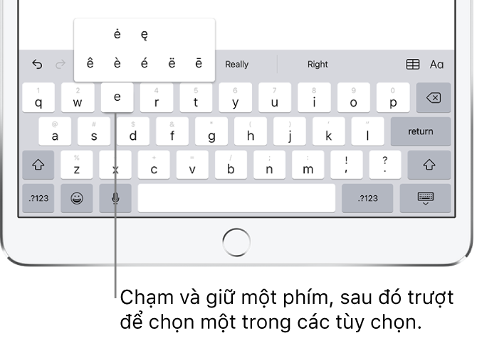 Màn hình hiển thị các ký tự có trọng âm thay cho phím e.