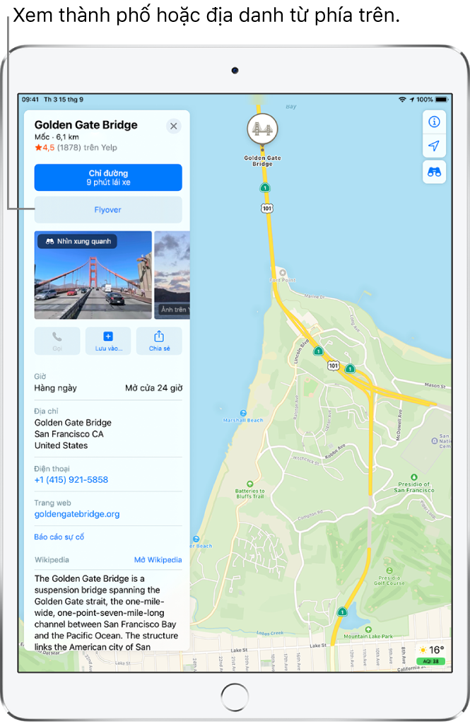 Bản đồ San Francisco. Ở bên trái của màn hình, một thẻ thông tin cho Cầu Cổng Vàng hiển thị một nút Flyover ở bên dưới nút Chỉ đường.